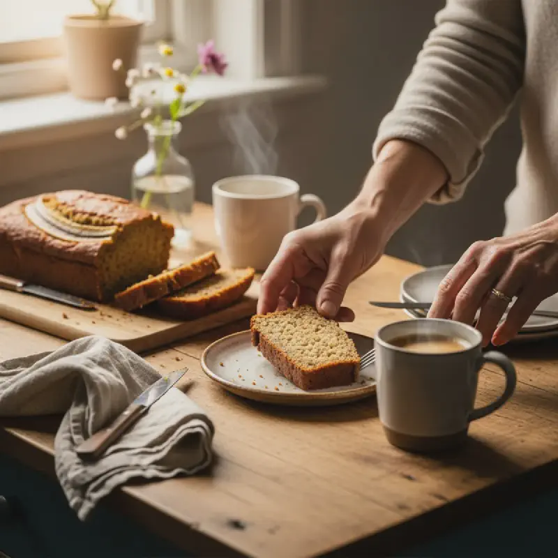 Freshly baked airy and low-fat banana bread loaf on a wooden cutting board with a few slices cut, ready to serve for a healthy breakfast or afternoon snack.