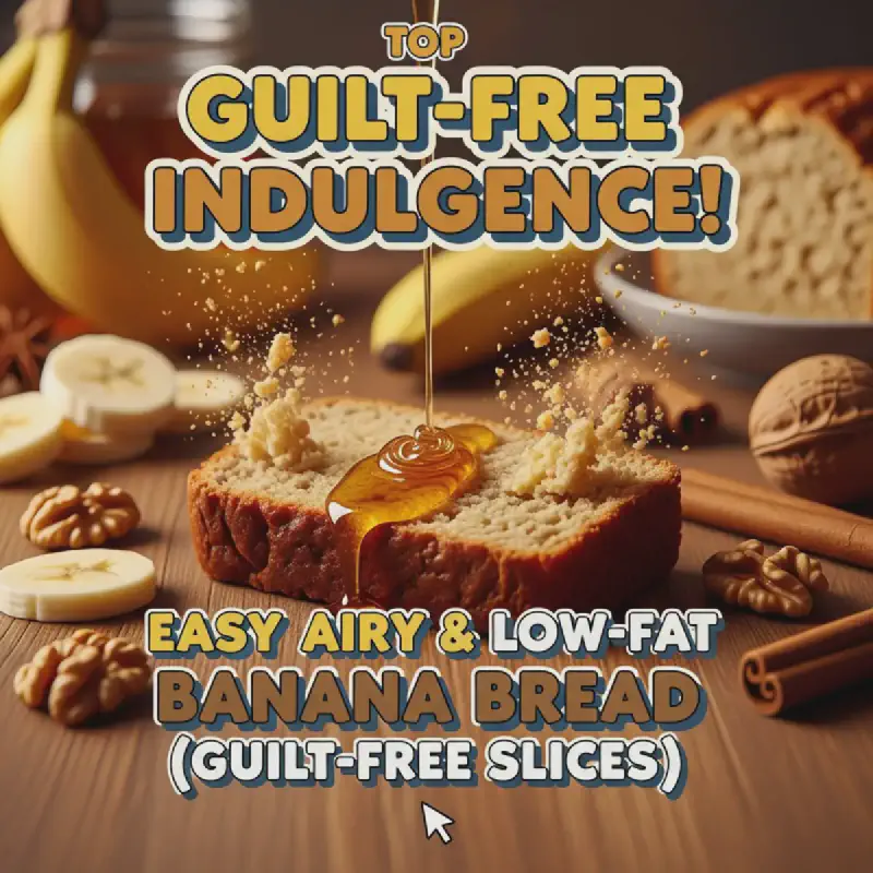 Vertical teaser image of airy, moist, low-fat banana bread slices stacked, showing a light texture, perfect for a guilt-free snack or healthy dessert.