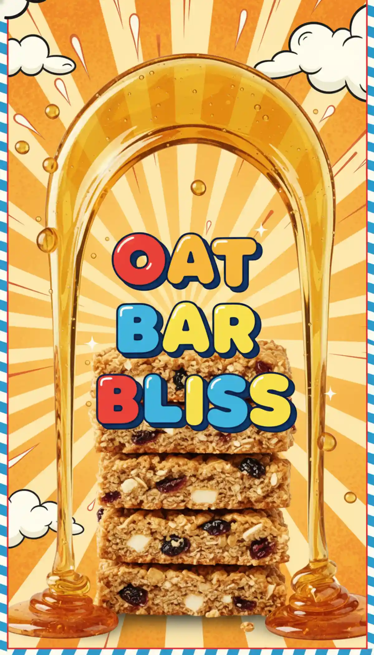 Vertical Pinterest teaser of stacked Aussie style oats and honey banana breakfast bars with a golden honey drizzle.