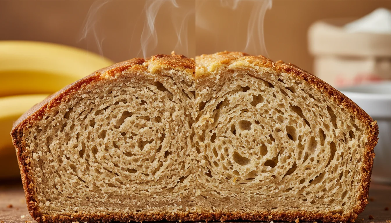 Extreme close-up of two banana bread slices showing the dense cake-like crumb of butter and the moist open crumb of oil.