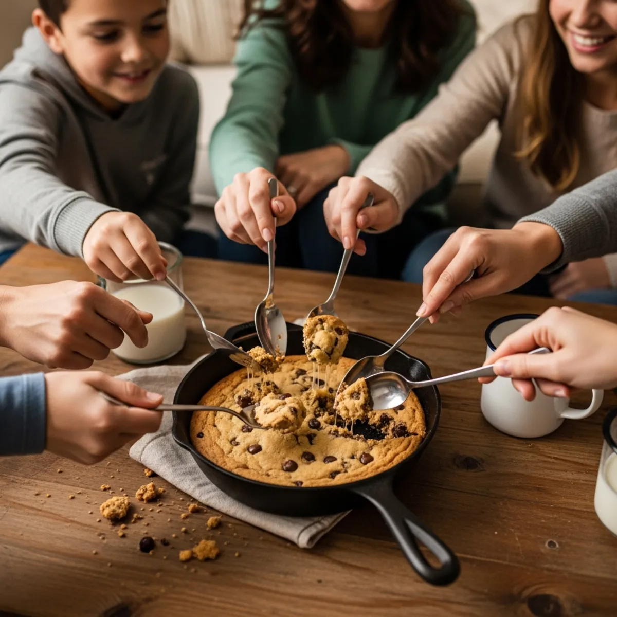 A warm deep dish banana chocolate chip skillet cookie topped with a melting scoop of vanilla ice cream.