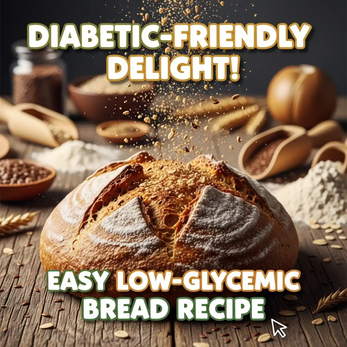 Vertical Pinterest image of delicious low-glycemic index bread, perfect for diabetics seeking stable blood sugar and healthy eating. Whole grain texture visible.