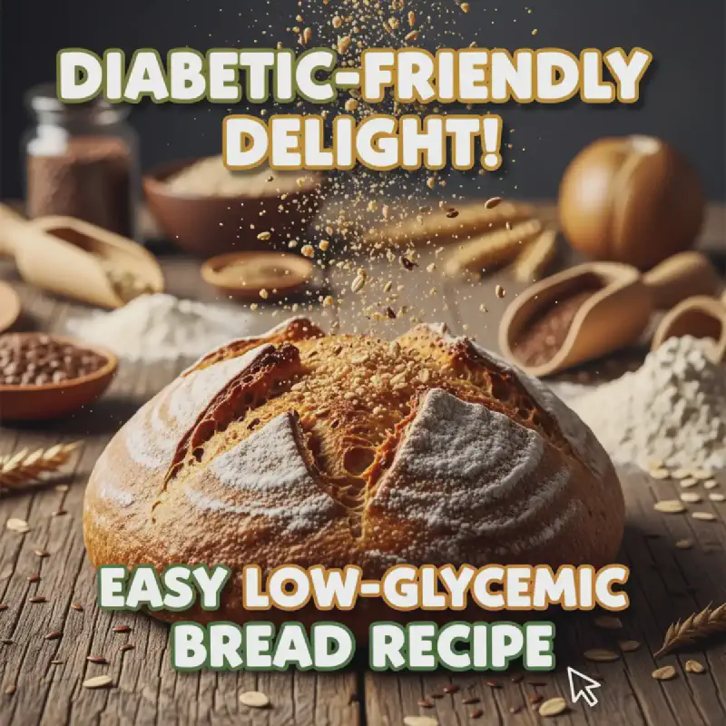 Vertical Pinterest image of delicious low-glycemic index bread, perfect for diabetics seeking stable blood sugar and healthy eating. Whole grain texture visible.