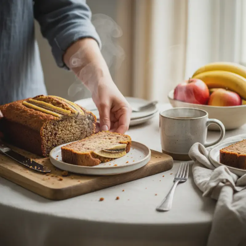 Close-up of a thick, moist slice of oil-free applesauce banana bread revealing its tender crumb, resting on a rustic plate with a fork.