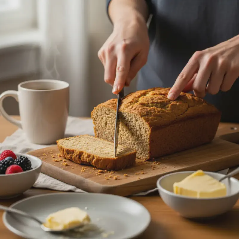 Close-up of a perfectly sliced piece of dairy-free coconut oil and almond milk loaf, showcasing its moist, fluffy texture and golden-brown crust. Ready to be served with a cup of coffee.