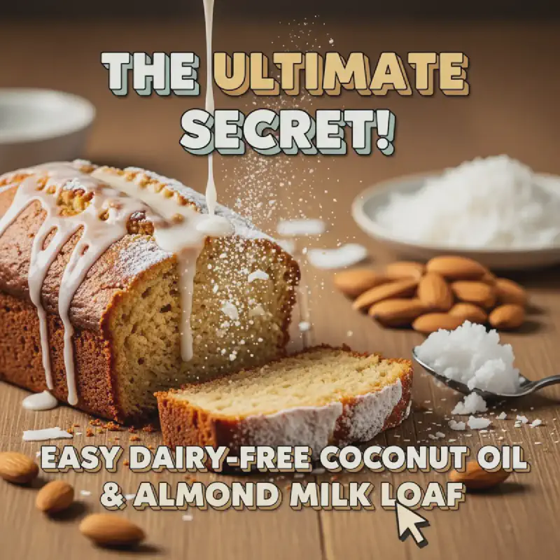 Vertical image showing a golden-brown dairy-free coconut oil and almond milk loaf, perfectly sliced to reveal a moist, tender crumb, with a light glaze. Ideal for vegan dessert or breakfast teasers.
