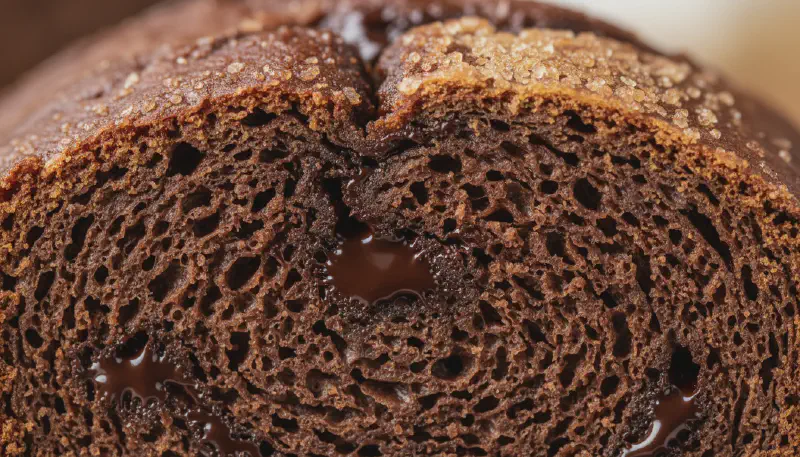 Extreme close-up of the moist, fudgy crumb and melted chocolate pockets in a slice of chocolate banana bread.