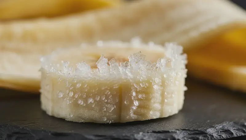 An extreme zoom texture shot showing the frosty ice crystals and creamy interior of a ripe frozen banana.