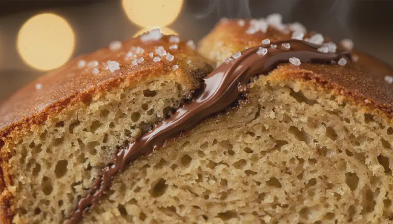 Macro view of a slice of banana bread showing the moist texture and the dense chocolatey layers of the Nutella swirl.
