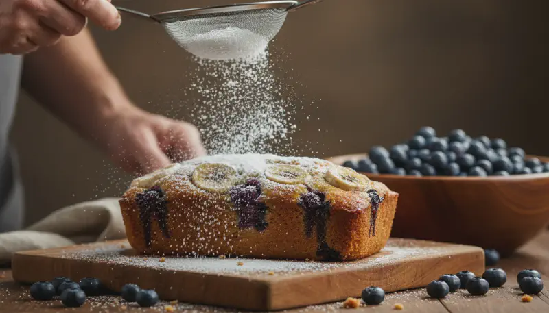 Hand folding fresh blueberries into a thick banana bread batter using a spatula in a glass bowl.