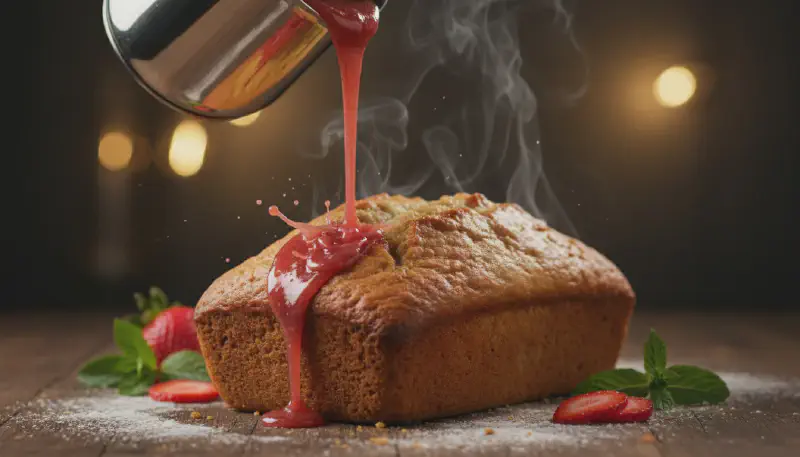 A wooden spatula folding fresh sliced strawberries into a thick, creamy banana bread batter in a glass bowl.