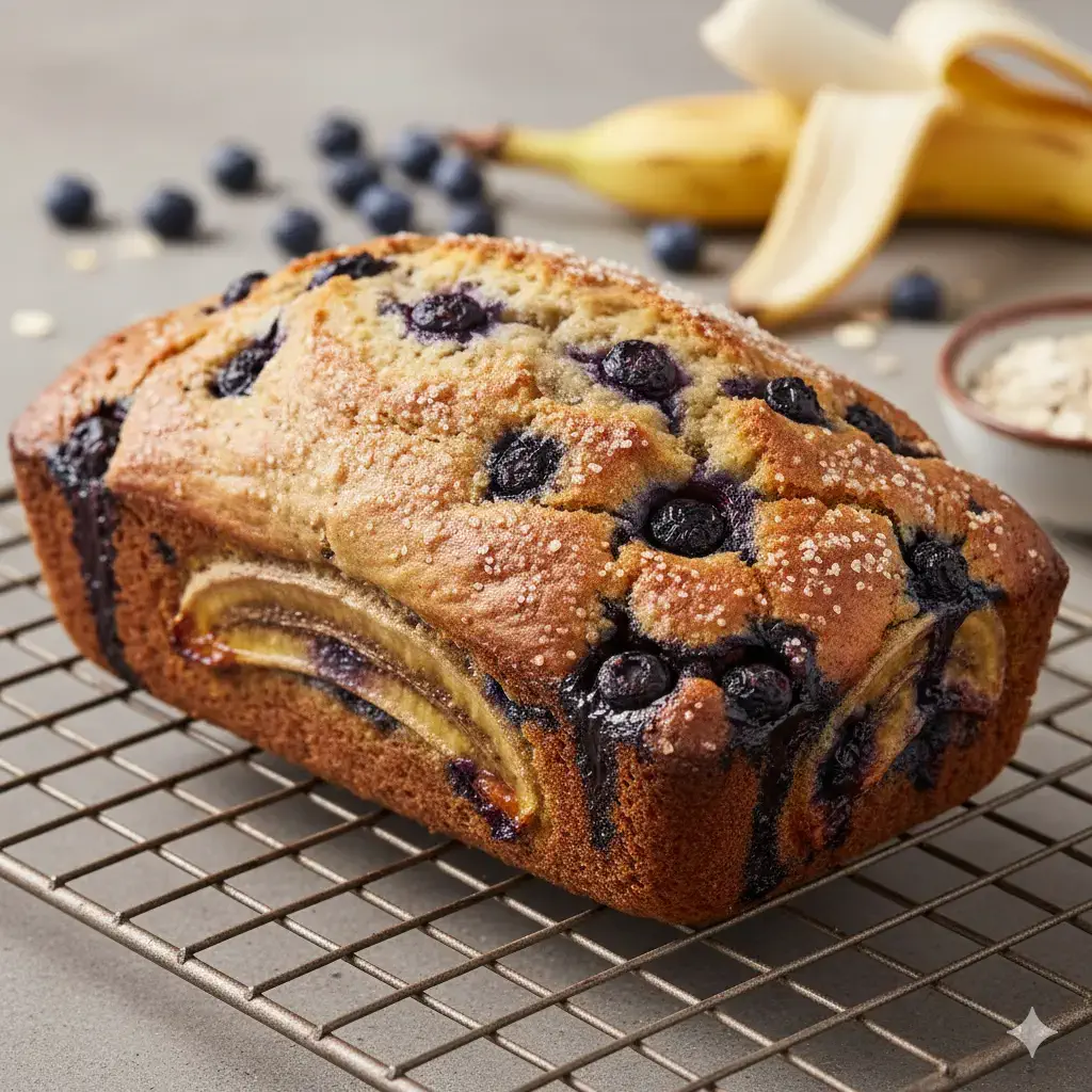 Golden brown loaf of blueberry banana bread fresh out of the oven