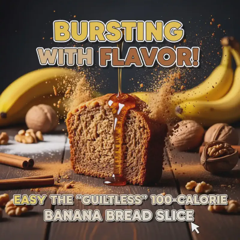 Vertical image of a single &lsquo;Guiltless&rsquo; 100-calorie banana bread slice, perfect for a healthy snack or breakfast, with a moist texture and golden-brown crust.
