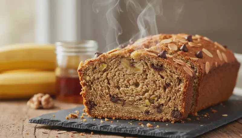 A whole loaf of golden brown paleo banana bread sitting on a cooling rack