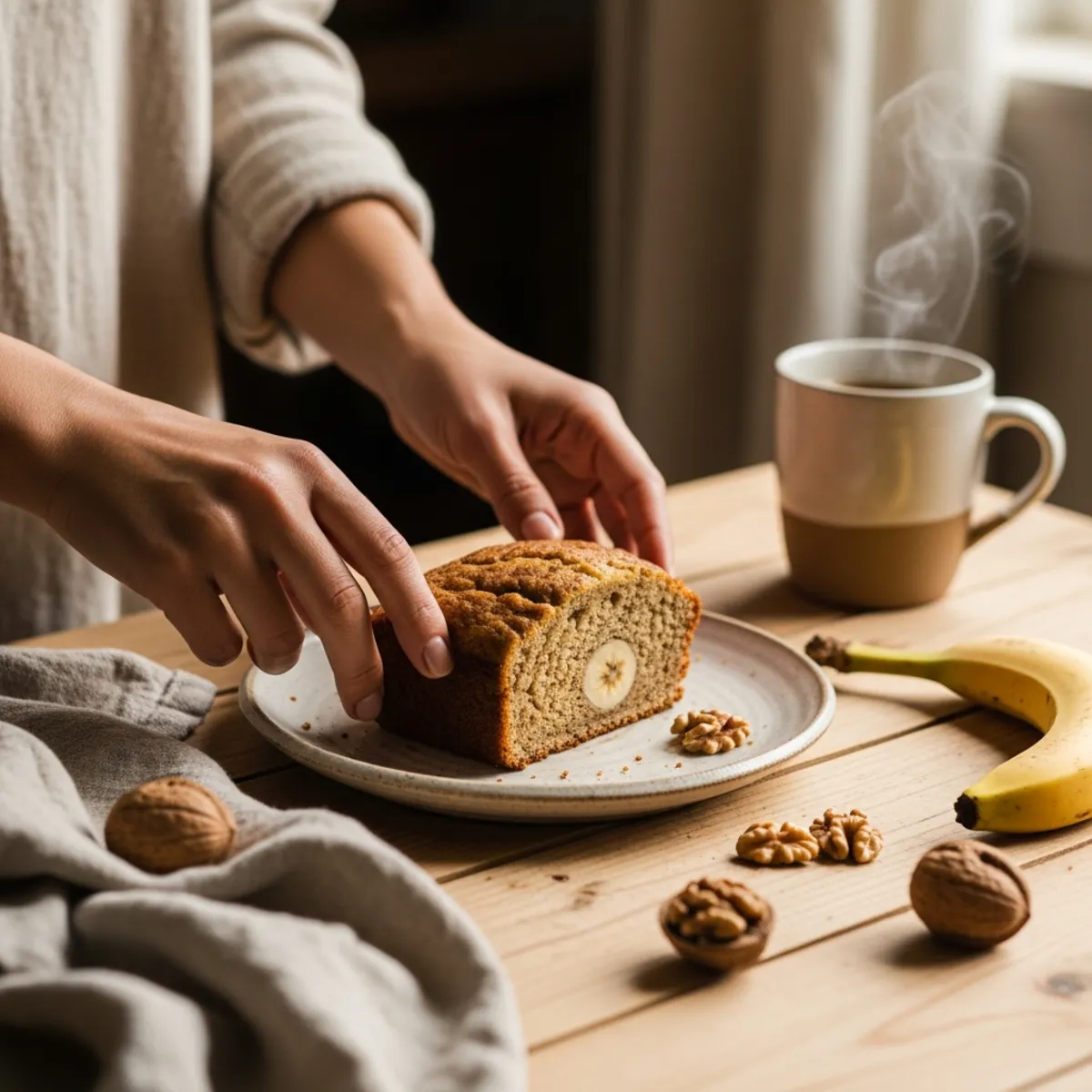 A 'Guiltless' 100-calorie banana bread slice paired with a cup of coffee, suggesting a perfect healthy breakfast or afternoon pick-me-up. Focus on texture.