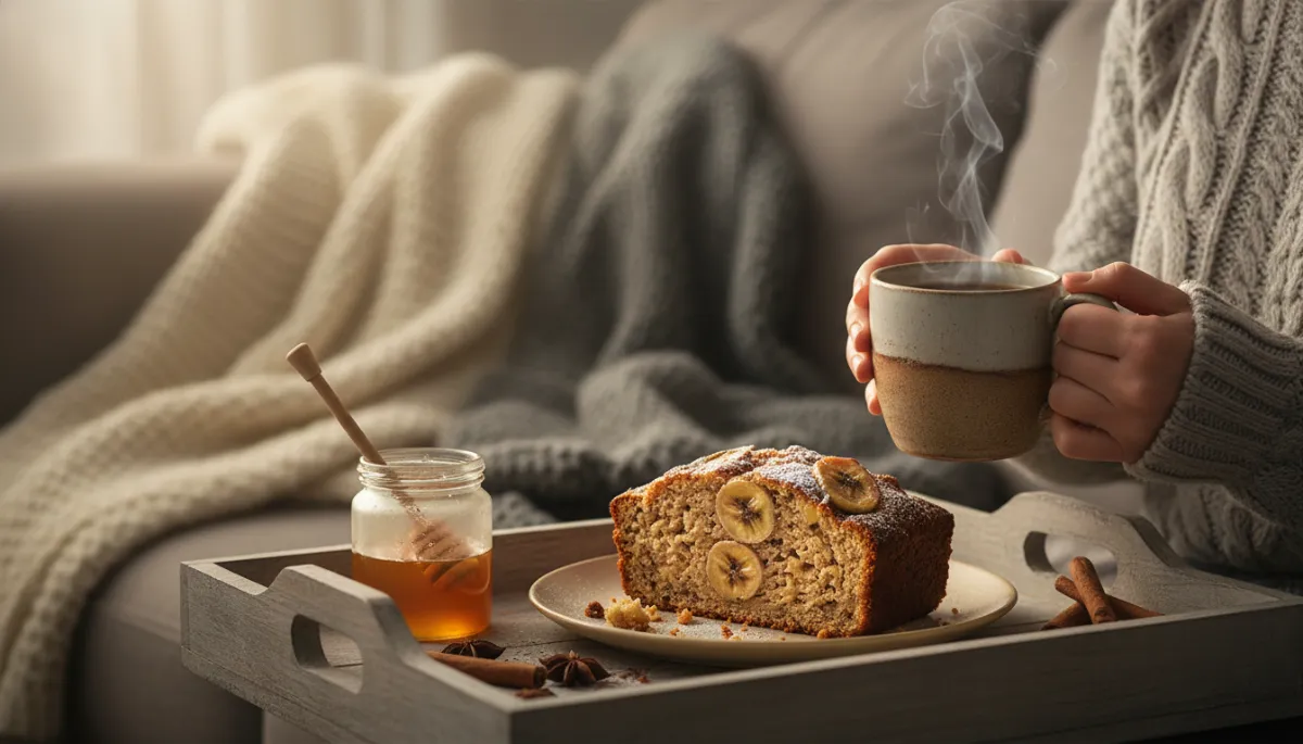 A loaf of homemade healthy banana bread with no sugar, sliced on a wooden board with ripe bananas in the background.