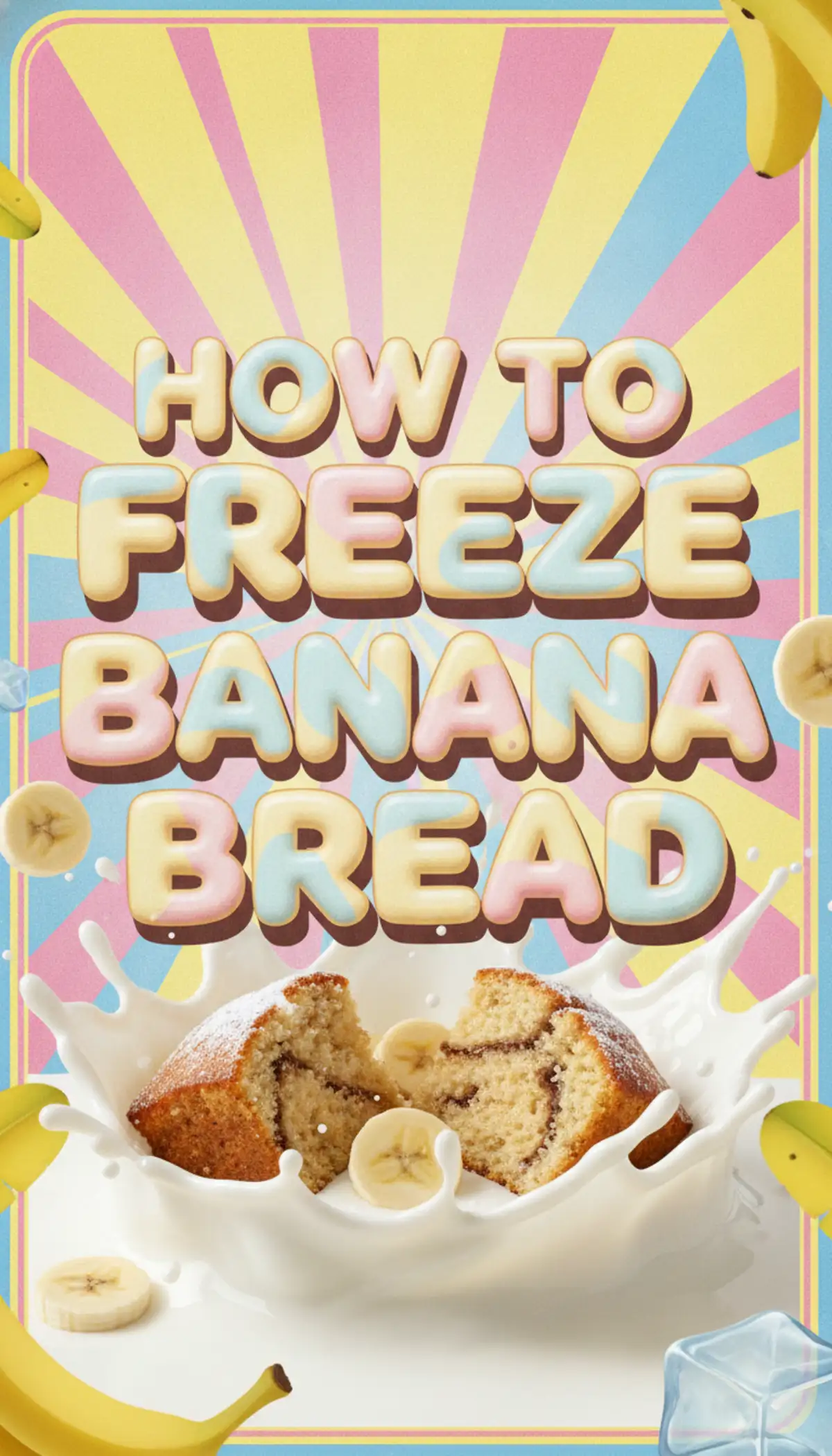 Vertical Pinterest graphic showing how to freeze banana bread for long lasting freshness.