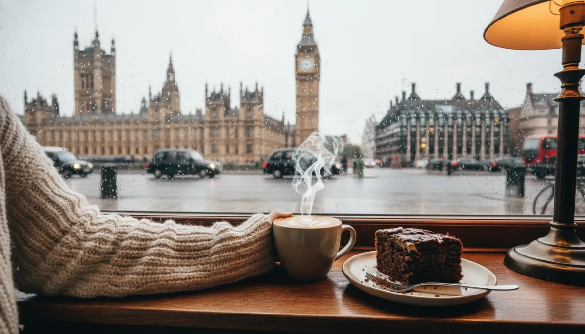 A slice of banana espresso cake served on a ceramic plate next to a latte in a cozy London coffee shop