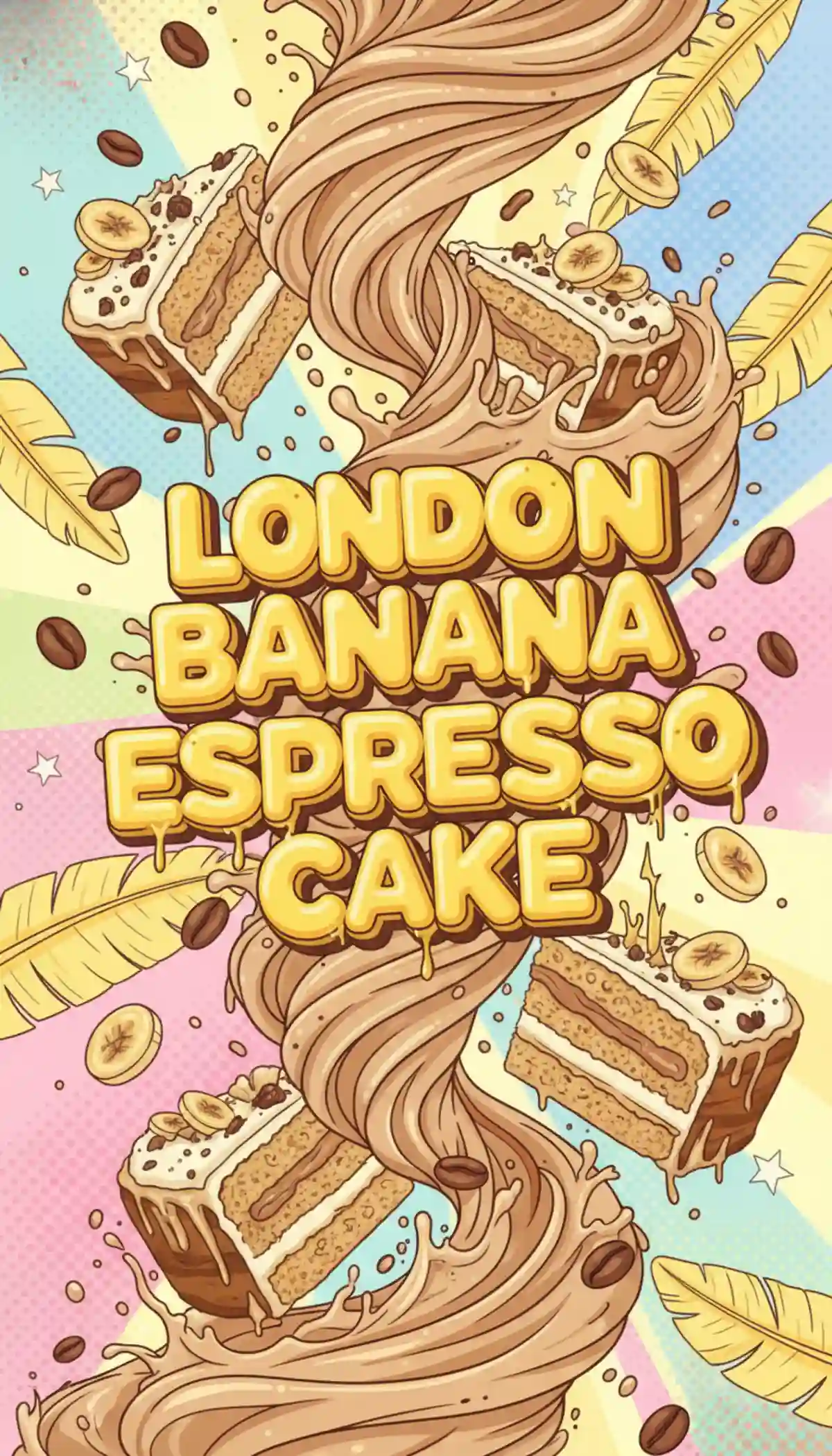 Vertical close-up of a moist banana espresso cake slice in a rustic London cafe setting