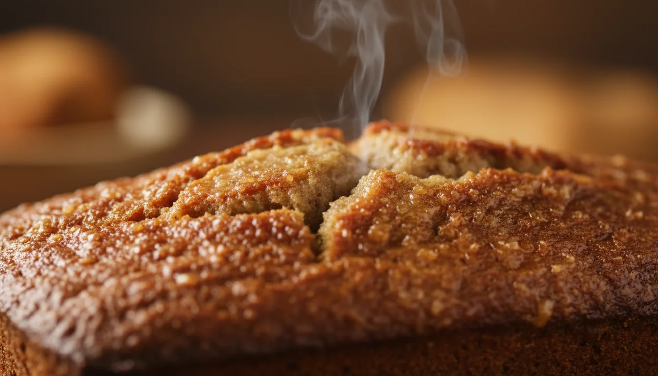 Extreme close-up of the crispy, aerated, and caramelized surface texture of banana bread crust.