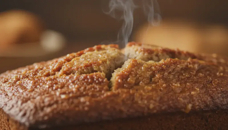 Extreme close-up of the crispy, aerated, and caramelized surface texture of banana bread crust.