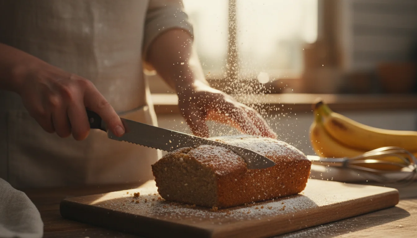 Hand mashing overripe spotted bananas in a glass bowl with a silver fork to prepare the batter.