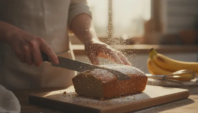 Hand mashing overripe spotted bananas in a glass bowl with a silver fork to prepare the batter.