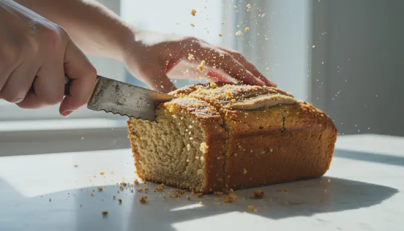 Hands using a fork to mash ripe spotted bananas in a glass mixing bowl for the bread batter.