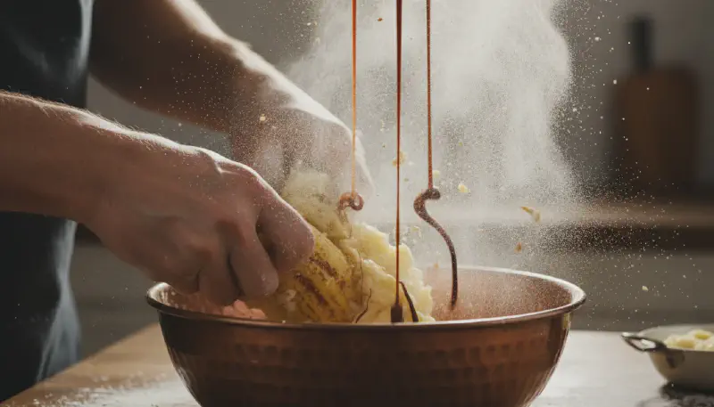 Hand using a silver fork to mash soft, peeled brown bananas in a clear bowl to create a smooth puree for baking.