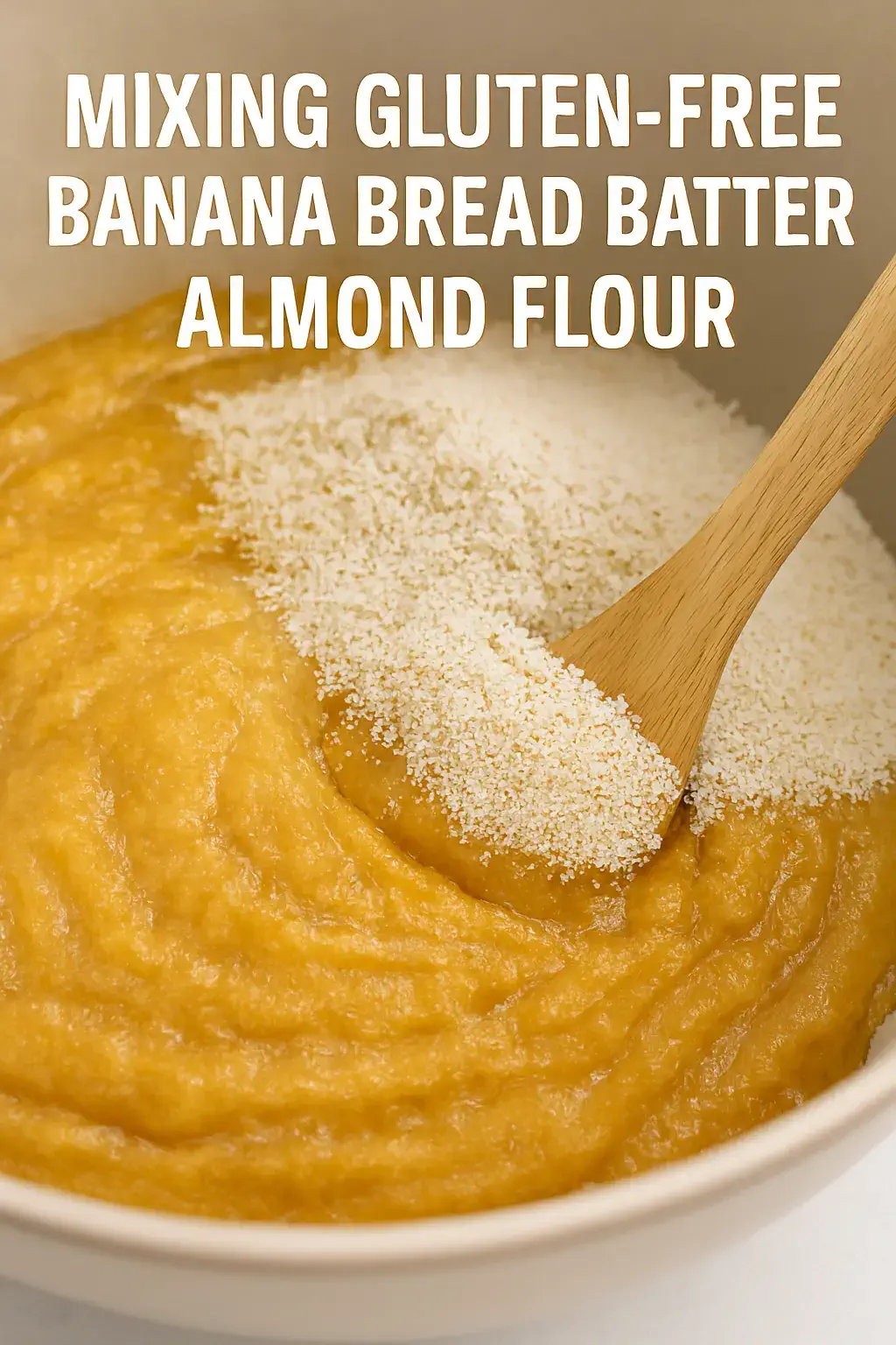 Hand pouring smooth gluten-free banana bread batter into a parchment-lined loaf pan.