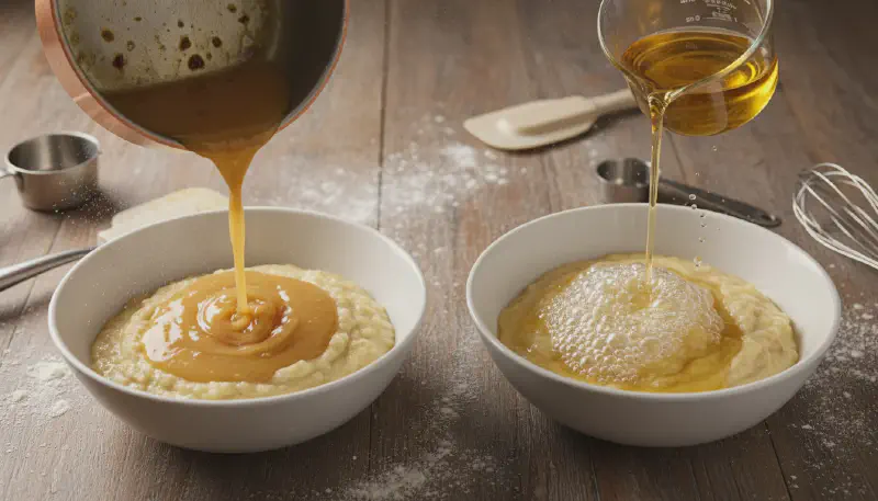 Side-by-side action shot of pouring melted butter and vegetable oil into separate bowls of mashed bananas and flour.