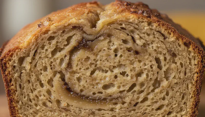 Extreme close-up of the moist, tender crumb of a banana bread slice highlighting its perfect texture.