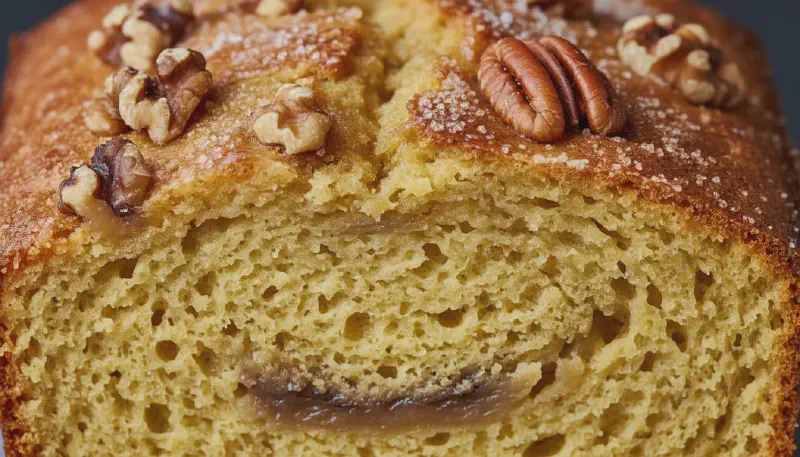 Extreme close-up of a slice of banana bread showing the soft, moist crumb and visible banana specks.