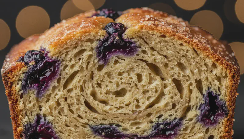 An extreme close-up of a slice of blueberry banana bread showing the moist crumb and purple berry juice streaks.