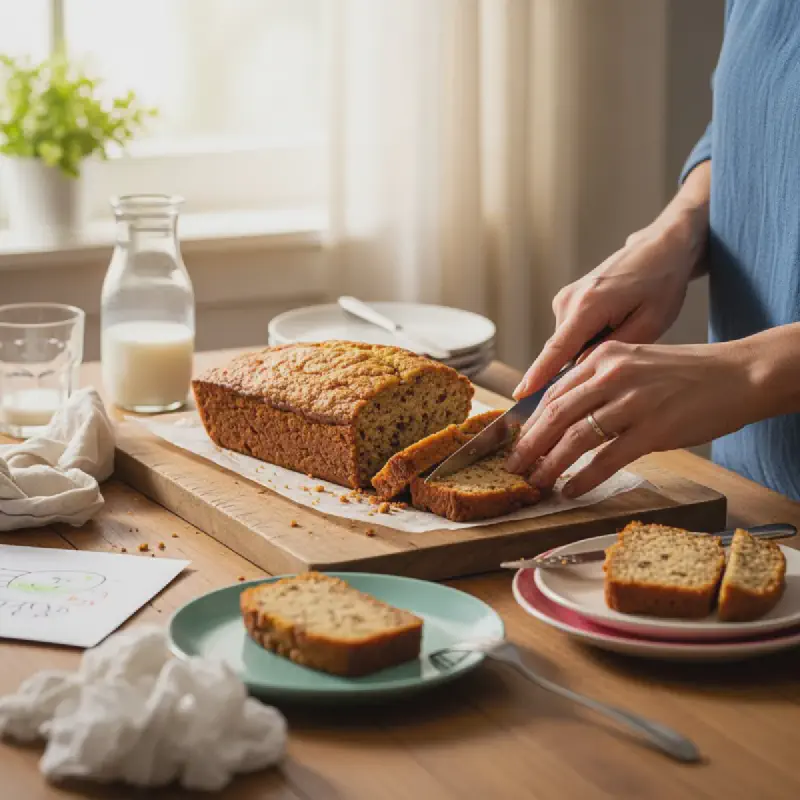 A close-up shot of a thick slice of moist, fluffy nut-free and school-safe banana bread, showcasing its tender crumb and small pockets of mashed banana.