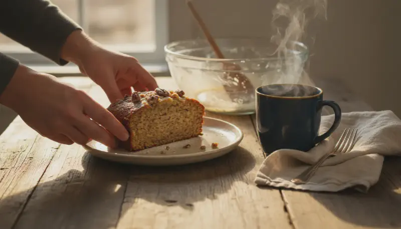 Moist one bowl banana bread slices on a cooling rack