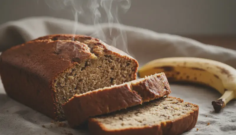 Golden, moist slices of banana bread on a cooling rack
