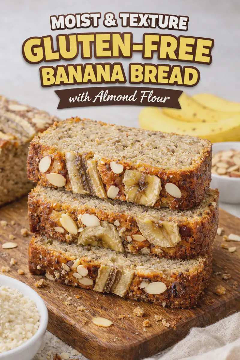 Extreme close-up of a slice of banana bread showing the moist crumb and airy texture of almond flour baking.