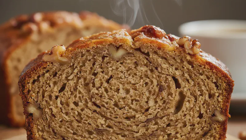 Extreme close-up of the moist interior crumb of a sugar-free keto banana bread slice showing almond flour texture