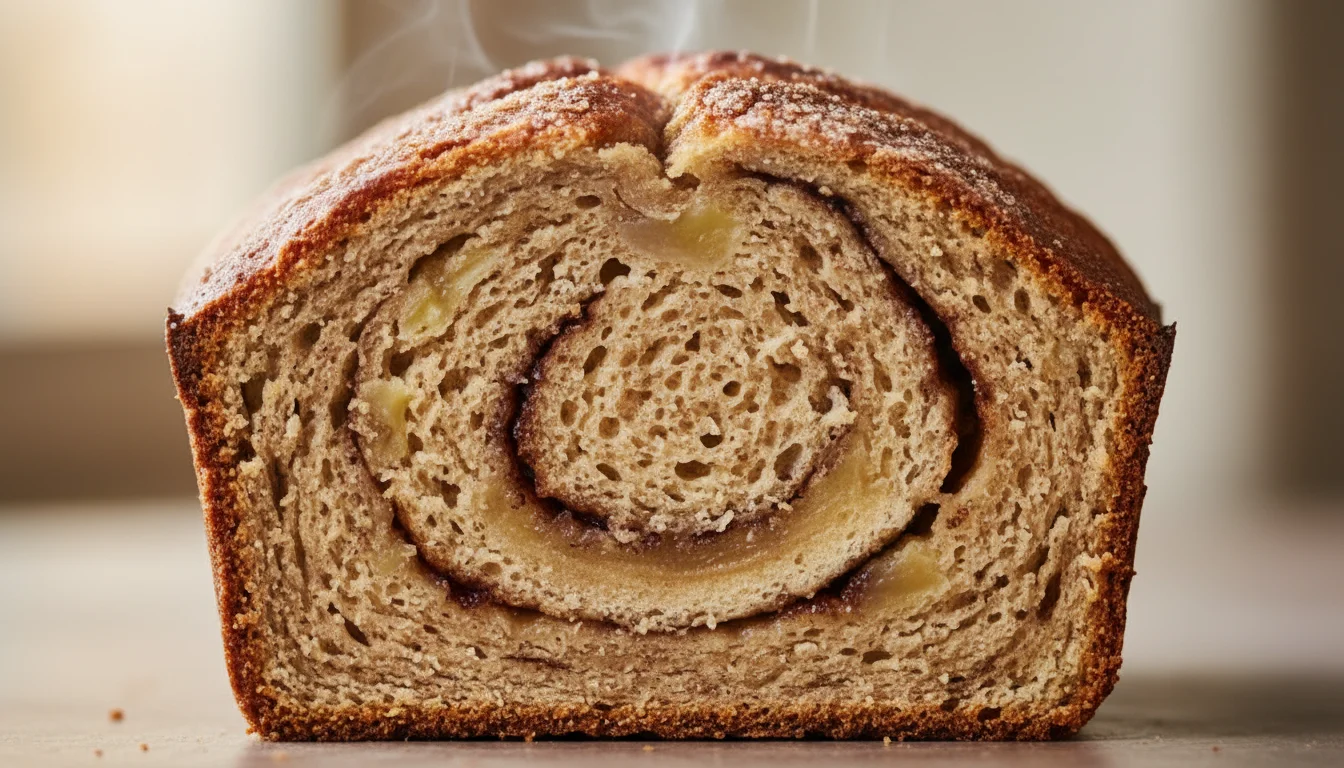 Extreme close-up showing the moist and tender crumb texture of a slice of banana bread.