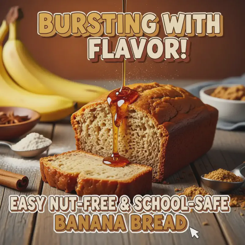 Vertical image of a moist slice of golden brown nut-free banana bread on a white plate, ready for a school lunchbox.