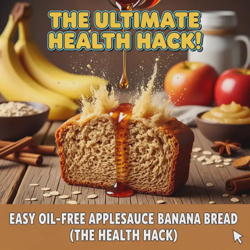 Vertical shot of a thick slice of moist oil-free applesauce banana bread on a wooden board, garnished with banana slices, perfect for a healthy snack.