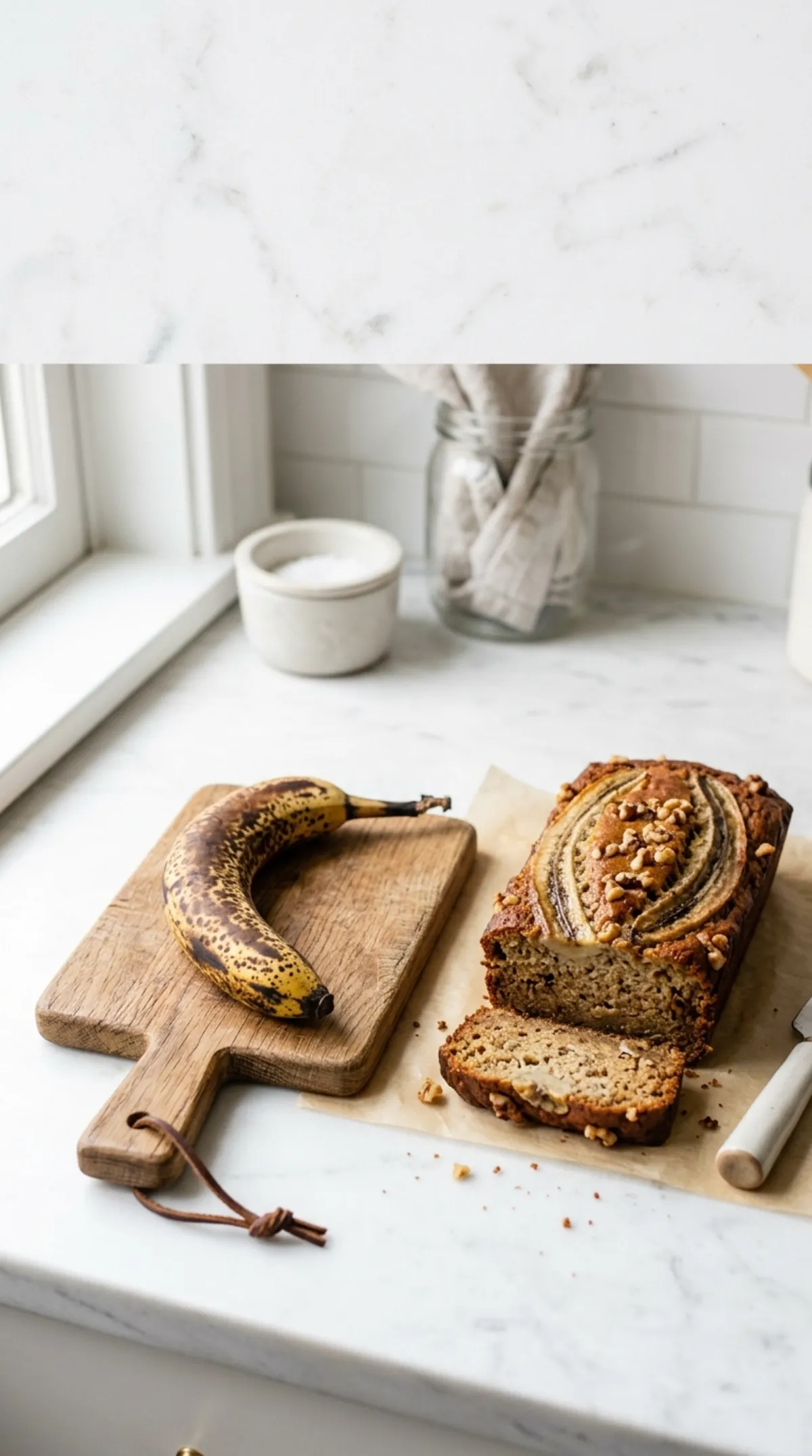 Vertical close up of a moist slice of banana bread made from a single banana being pulled apart