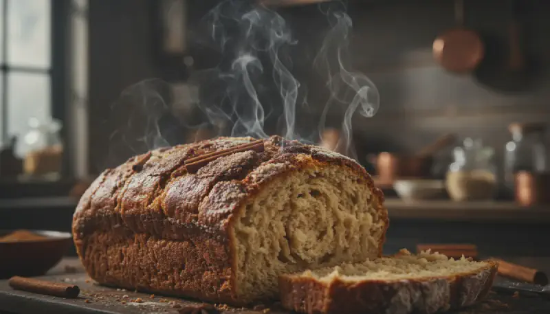 A full view of the rustic cinnamon heritage loaf on a wooden board
