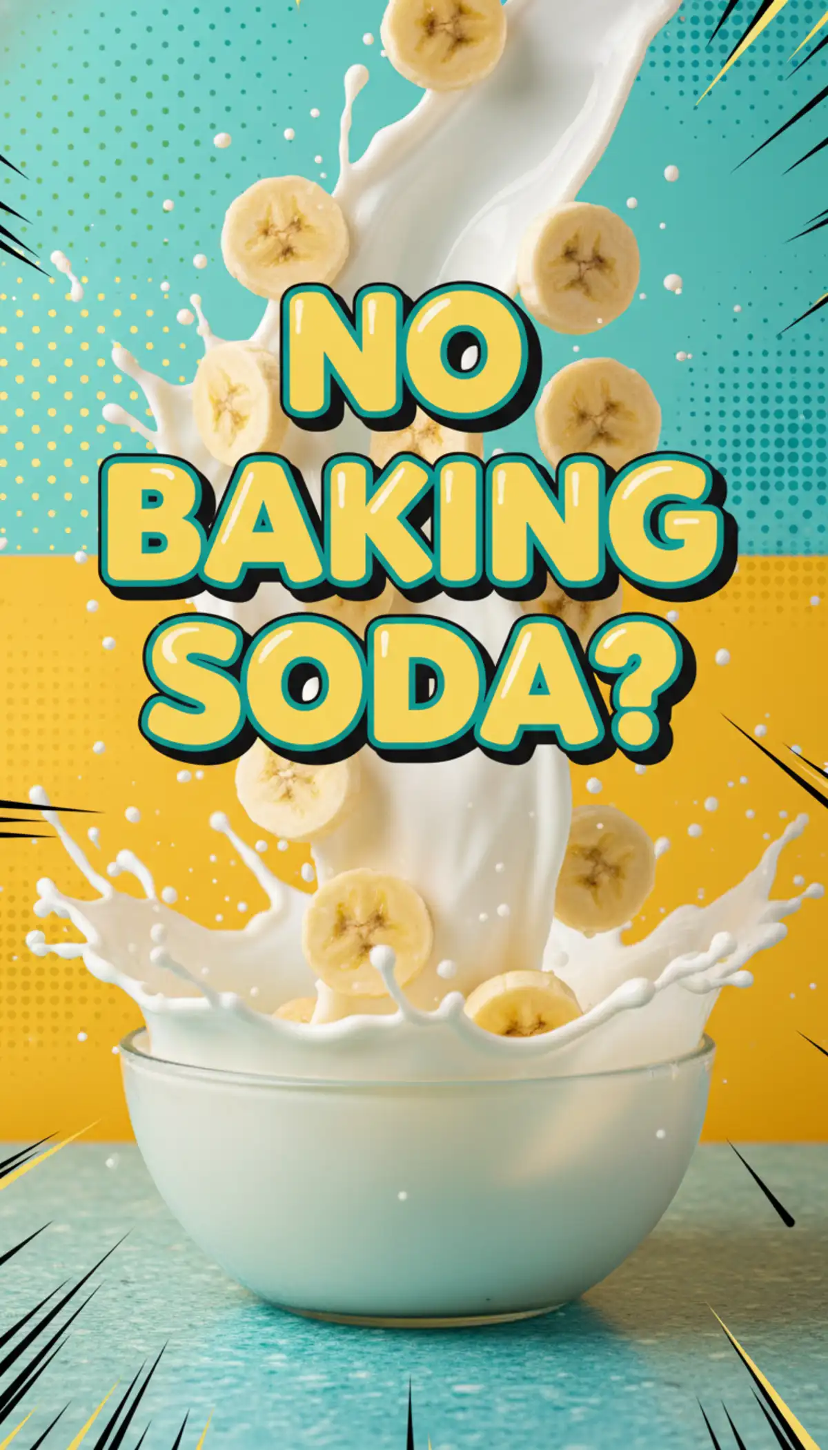 Vertical image of a moist slice of banana bread without baking soda for Pinterest teaser.