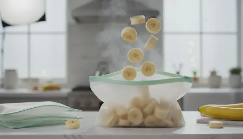 Hands transferring flash-frozen banana rounds from a metal tray into a labeled airtight freezer-safe bag.