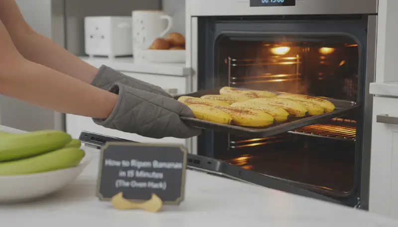 A person placing unpeeled yellow bananas on a parchment-lined baking sheet for the oven ripening hack.