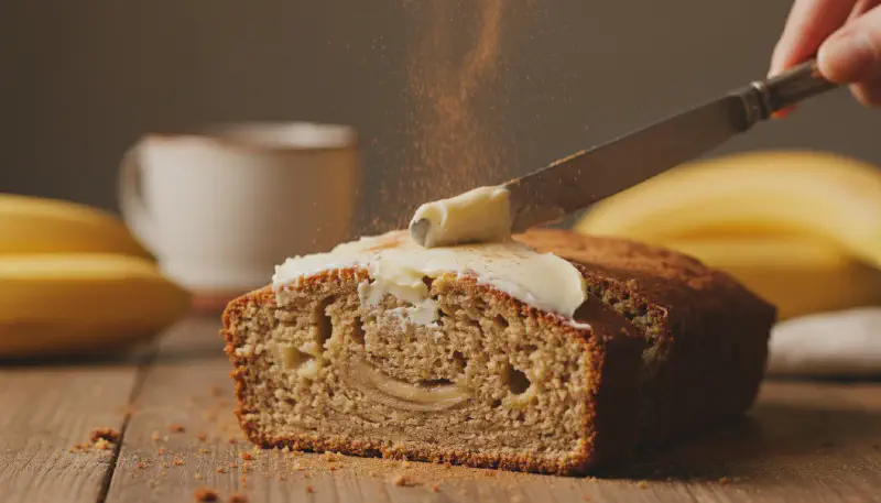 Action shot of thick banana bread batter being poured into a greased baking loaf pan.