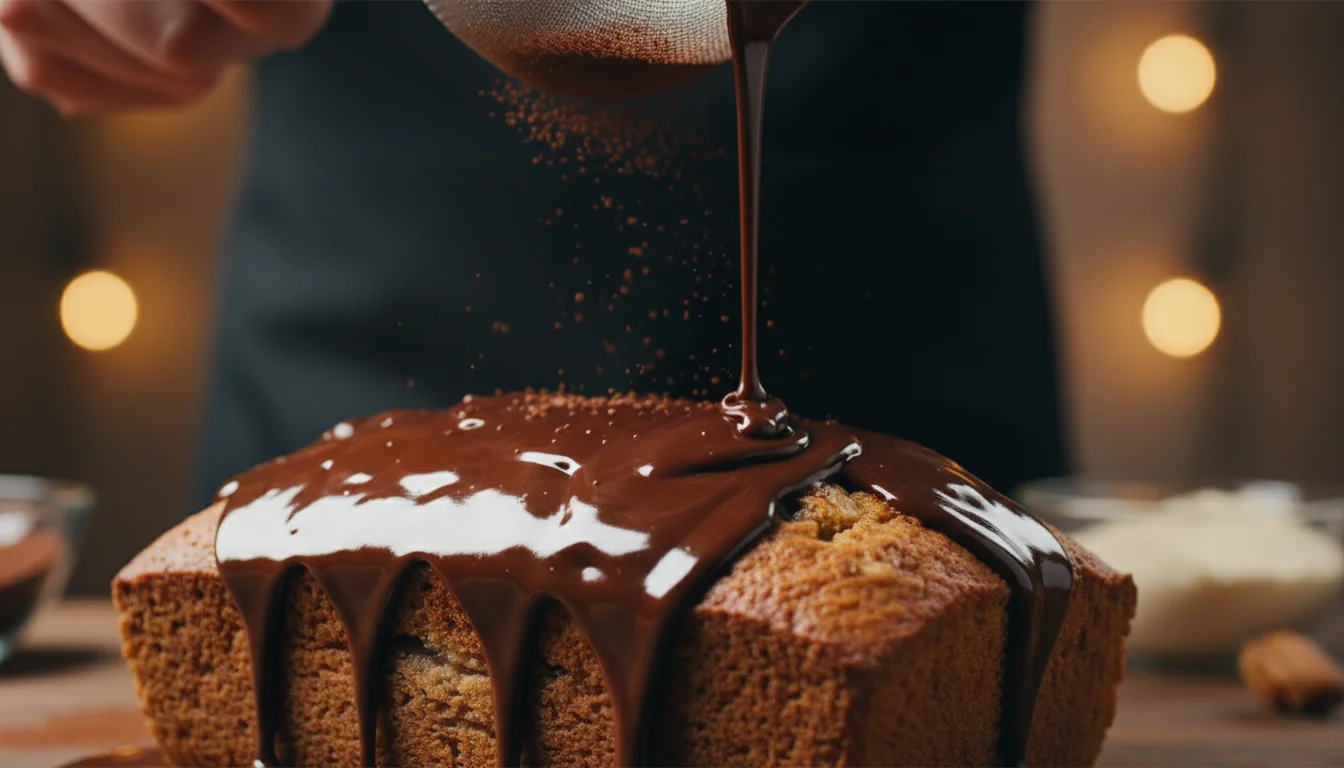 Thick chocolate banana bread batter being poured into a baking pan with visible chocolate chips.