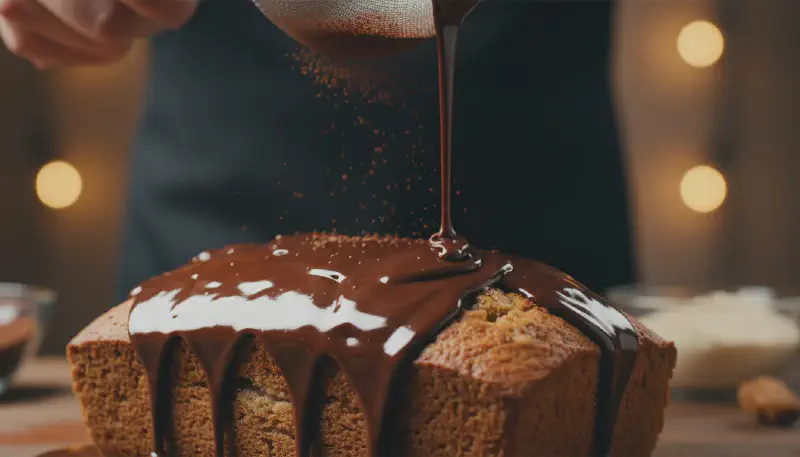Thick chocolate banana bread batter being poured into a baking pan with visible chocolate chips.